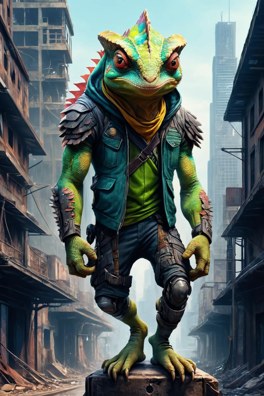 Detailed digital portrait of an anthro Chameleon (Balancing on one leg, showcasing stability) at a Dystopian cityscape with decaying infrastructure, <lora:xl_more_art-full_v1:0.5>, <lora:anthro_muscular:0.7> <lora:CyberPunkAIp:0.4> cyberpunkai