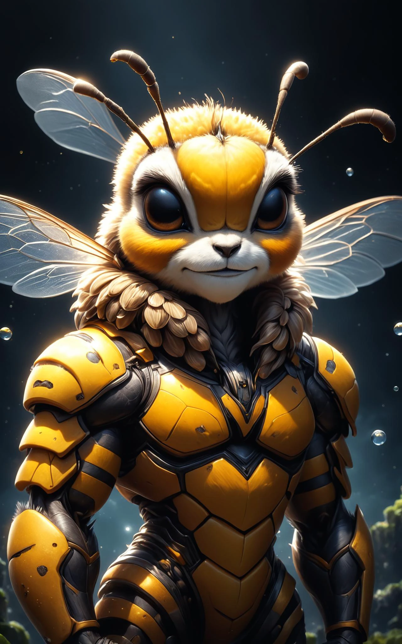 RAW photo of an anthro Honey bee (Eyes closed, peaceful tranquility) at aAstral plane with floating islands, super detail, ultra-realism, <lora:xl_more_art-full_v1:0.3>, <lora:anthro_muscular:0.7>, <lora:EnvyCharacterPortraitHelperXL01:0.7> solo character portrait, dark background, <lora:fracolor:0.7> fracolor