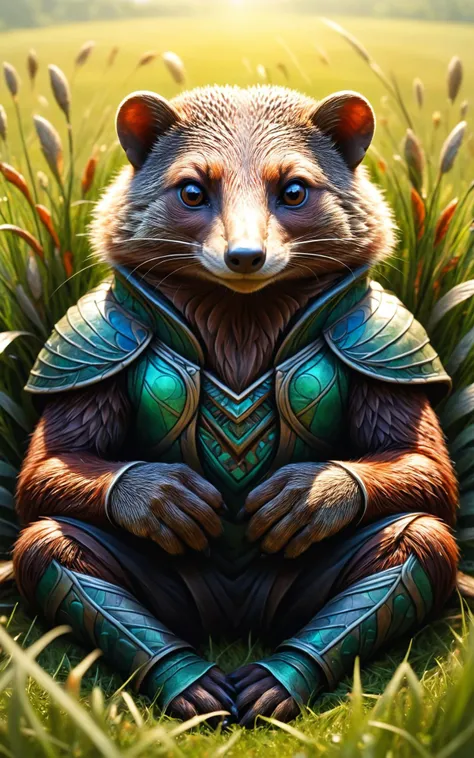 RAW photo of an anthro Mongoose (Lying on grass, serene repose) at aGlowing runes in ancient wizard's tower,  super detail, ultra-realism, <lora:xl_more_art-full_v1:0.3>, <lora:anthro_muscular:0.7>,  <lora:ral-colorswirl:0.7> ral-colorswirl