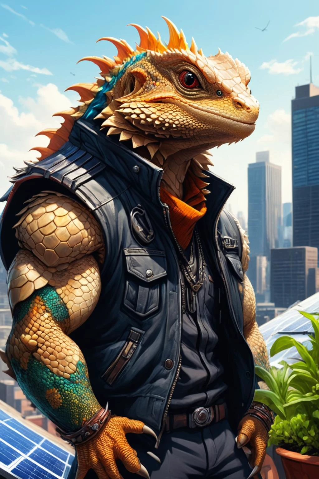 Detailed digital illustration of an anthro Bearded dragon (Tilting head sideways, conveying curiosity) at a Cyberpunk rooftop garden with solar panels, <lora:xl_more_art-full_v1:0.5>, <lora:anthro_muscular:0.7> , <lora:madpunk:0.4> madpunk