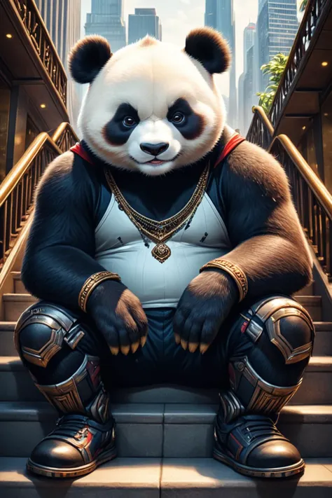 Detailed digital illustration of an anthro Panda bear (Sitting on a staircase elegantly) at a Mega-corporation headquarters with imposing architecture, <lora:xl_more_art-full_v1:0.5>,  <lora:anthro_muscular:0.7> , <lora:madpunk:0.4> madpunk