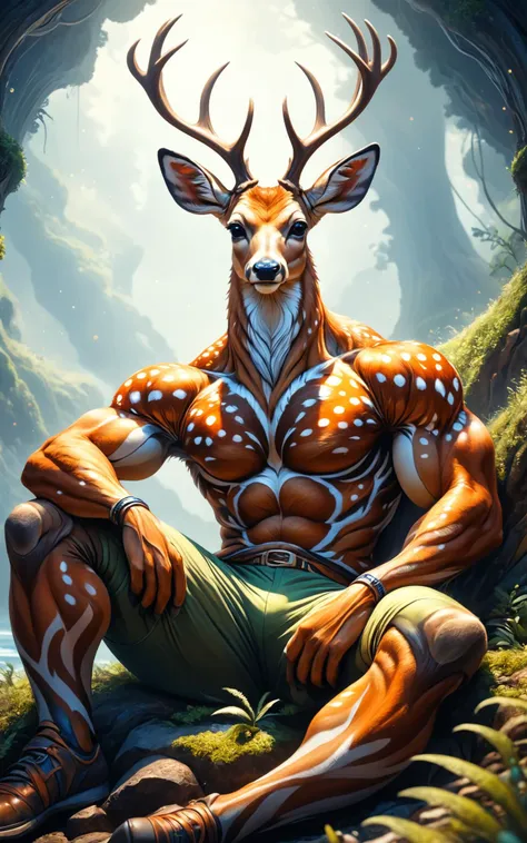 RAW photo of an anthro Deer (Resting on elbows, relaxed charm) at aHovering islands in gas giant's atmosphere,  super detail, ultra-realism, <lora:xl_more_art-full_v1:0.3>, <lora:anthro_muscular:0.7>,  <lora:ral-colorswirl:0.7> ral-colorswirl,