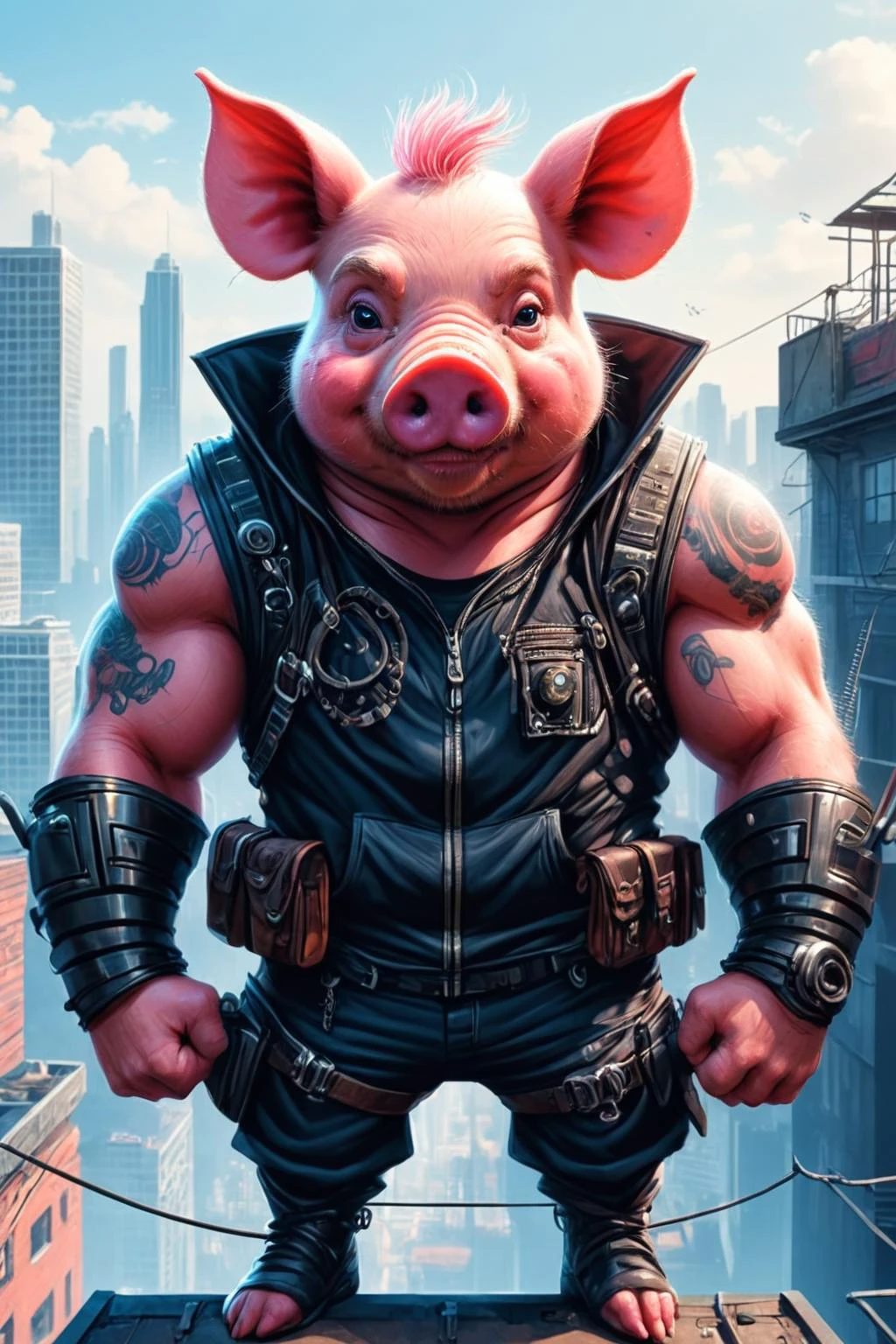 Detailed digital illustration of an anthro Pig (Tilting head, appearing curious) at a Cyberpunk rooftop escape with zip lines, <lora:xl_more_art-full_v1:0.5>, <lora:anthro_muscular:0.7> , <lora:madpunk:0.4> madpunk