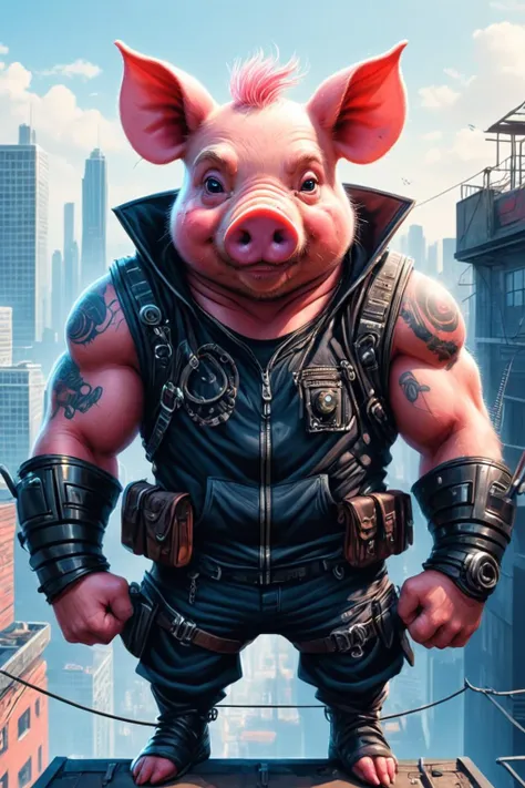 Detailed digital illustration of an anthro Pig (Tilting head, appearing curious) at a Cyberpunk rooftop escape with zip lines, <lora:xl_more_art-full_v1:0.5>,  <lora:anthro_muscular:0.7> , <lora:madpunk:0.4> madpunk