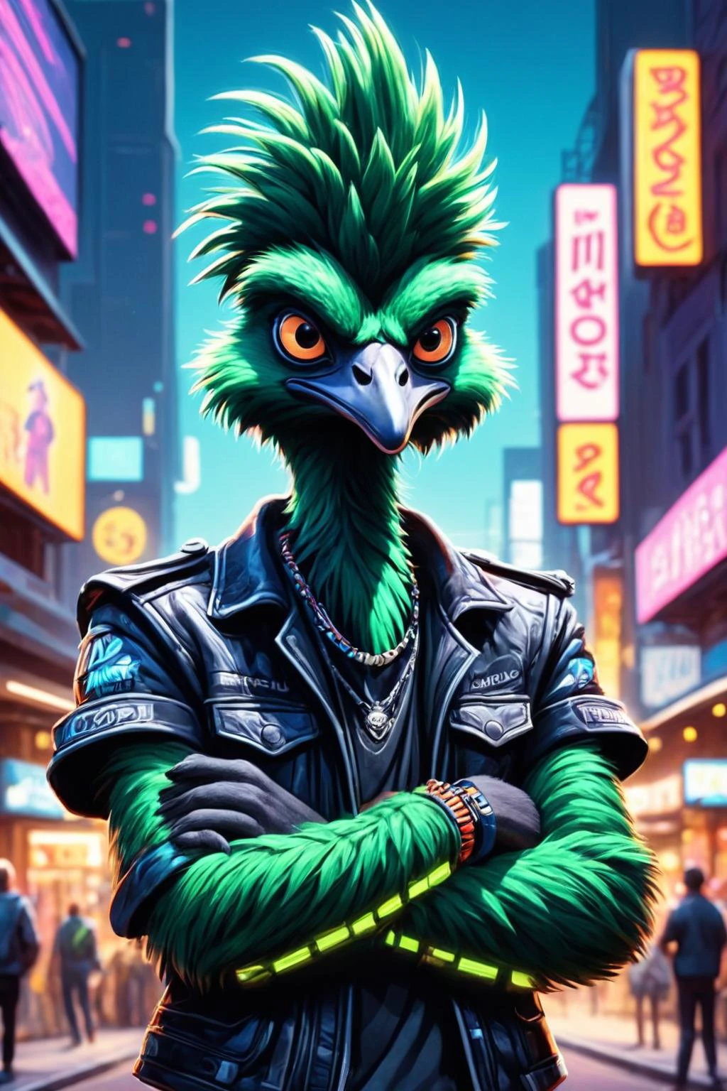 Detailed digital illustration of an anthro Emu (Crossed arms, serious expression) at a Neon-lit streets with hovering billboards, <lora:xl_more_art-full_v1:0.5>, <lora:anthro_muscular:0.7> , <lora:madpunk:0.4> madpunk