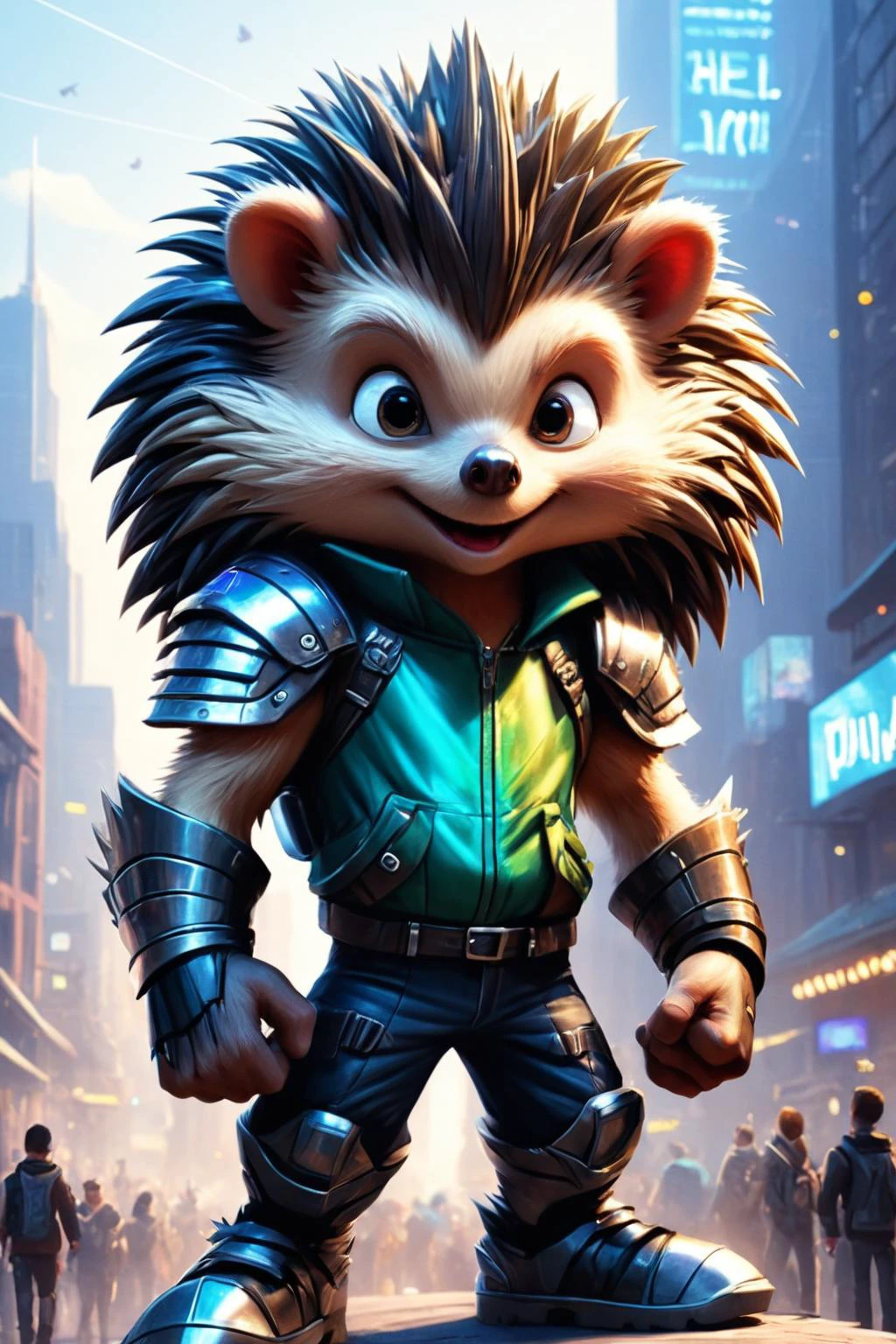 Detailed digital illustration of an anthro Hedgehog (Waving hello, a friendly gesture) at a Dystopian cityscape with giant holographic displays, <lora:xl_more_art-full_v1:0.5>, <lora:anthro_muscular:0.7> , <lora:madpunk:0.4> madpunk