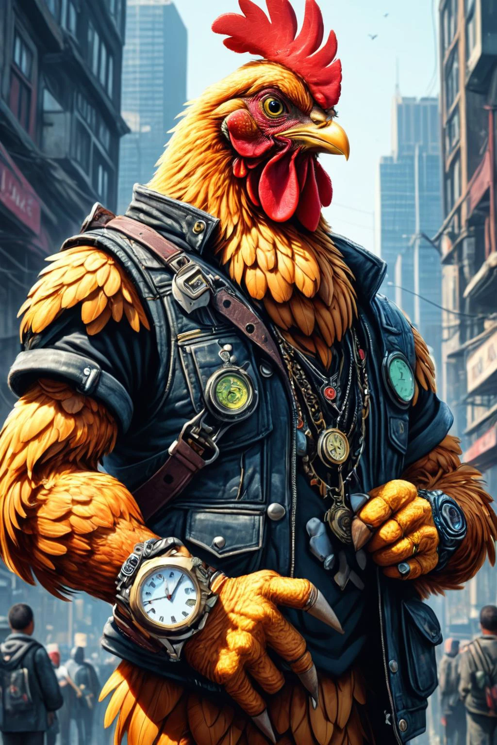 Detailed digital illustration of an anthro Chicken (Looking at a watch, anticipation) at a Megacity slums with makeshift cyber clinics, <lora:xl_more_art-full_v1:0.5>, <lora:anthro_muscular:0.7> , <lora:madpunk:0.4> madpunk
