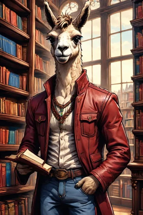 RAW photo of a skinny anthro Llama at Victorian library with rolling bookshelves, super detail, ultra-realism, <lora:xl_more_art-full_v1:0.3>, <lora:EldritchComicsXL:0.7>, <lora:anthro_muscular:1>, <lora:pastel_colors_xl_v3:0.7>