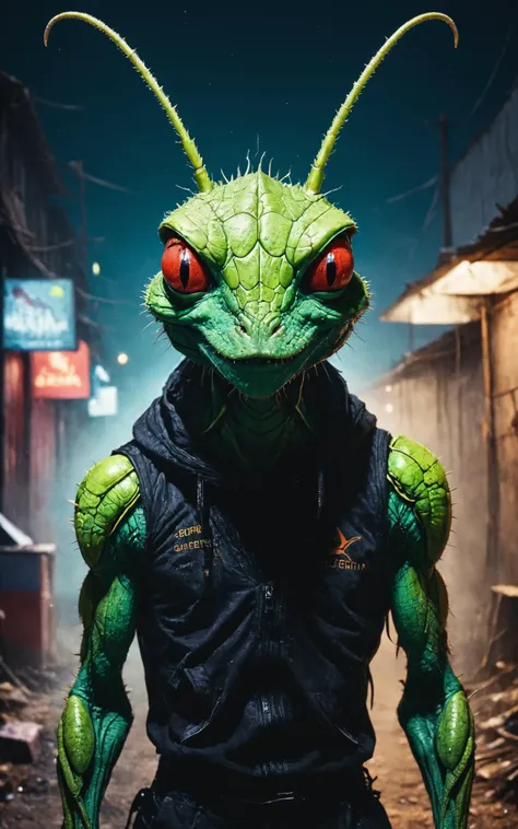 RAW photo of an anthro Grasshopper (Holding a prop confidently) at aMegacity slums with makeshift cyber clinics,  super detail, ultra-realism, <lora:xl_more_art-full_v1:0.3>, <lora:anthro_muscular:0.7>,  <lora:blacklight_makeup_v2:0.7> blacklight makeup,  <lora:Desolation:0.7>, horror