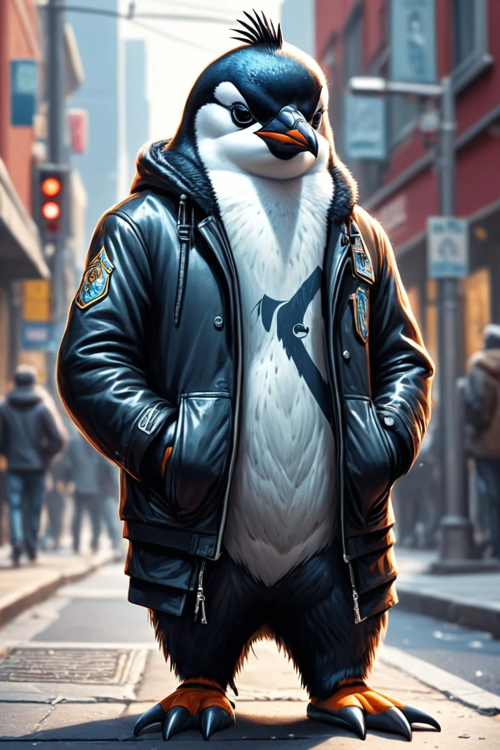 Detailed digital illustration of an anthro Penguin (Kneeling thoughtfully, introspective pose) at a Surveillance cameras on every street corner, <lora:xl_more_art-full_v1:0.5>, <lora:anthro_muscular:0.7> , <lora:madpunk:0.4> madpunk