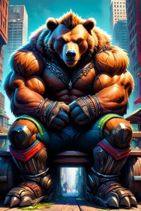 ultra-fine digital painting of a madpunk muscular  <lora:anthro_muscular:0.7> anthro Grizzly bear (Resting on elbows, relaxed charm) at AI rebellion establishing independent society,  super detail, ultra-realism, <lora:xl_more_art-full_v1:0.3>,  <lora:madpunk:0.6>  ,  <lora:fracolor:0.7> fracolor