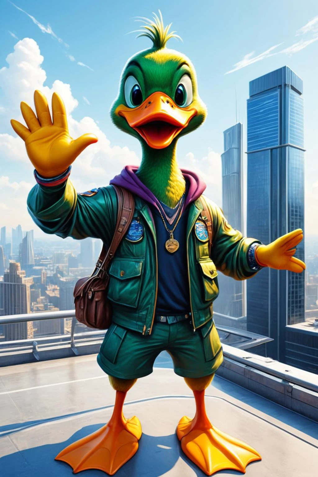 Detailed digital illustration of an anthro Duck (Waving hello, a friendly gesture) at a Futuristic skyscraper rooftop helipad landing, <lora:xl_more_art-full_v1:0.5>, <lora:anthro_muscular:0.7> , <lora:madpunk:0.4> madpunk