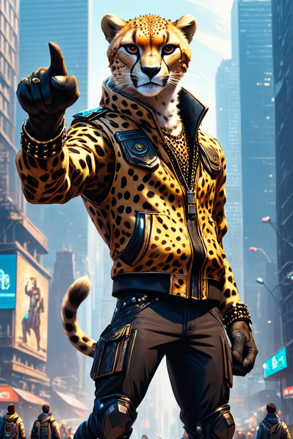 Detailed digital illustration of an anthro Cheetah (Pointing upward, aspirational direction) at a Dystopian cityscape with giant holographic displays, <lora:xl_more_art-full_v1:0.5>, <lora:anthro_muscular:0.7> , <lora:madpunk:0.4> madpunk