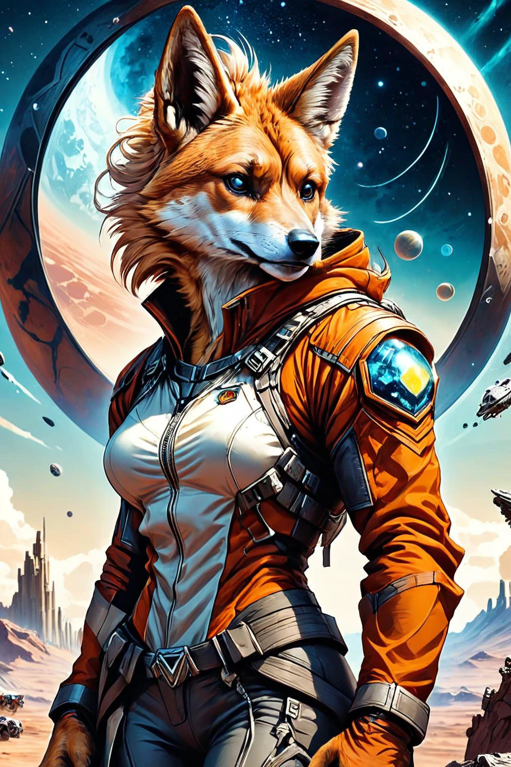 RAW photo of a skinny anthro Dingo Augmented reality strategist planning tactical maneuvers at Planetary rings repurposed for habitation, super detail, ultra-realism, <lora:xl_more_art-full_v1:0.3>, <lora:InkArtXL_1.2:0.7> ink art, line art, <lora:anthro_muscular:1>, <lora:ColorART:0.7> ColorART, (((female)))