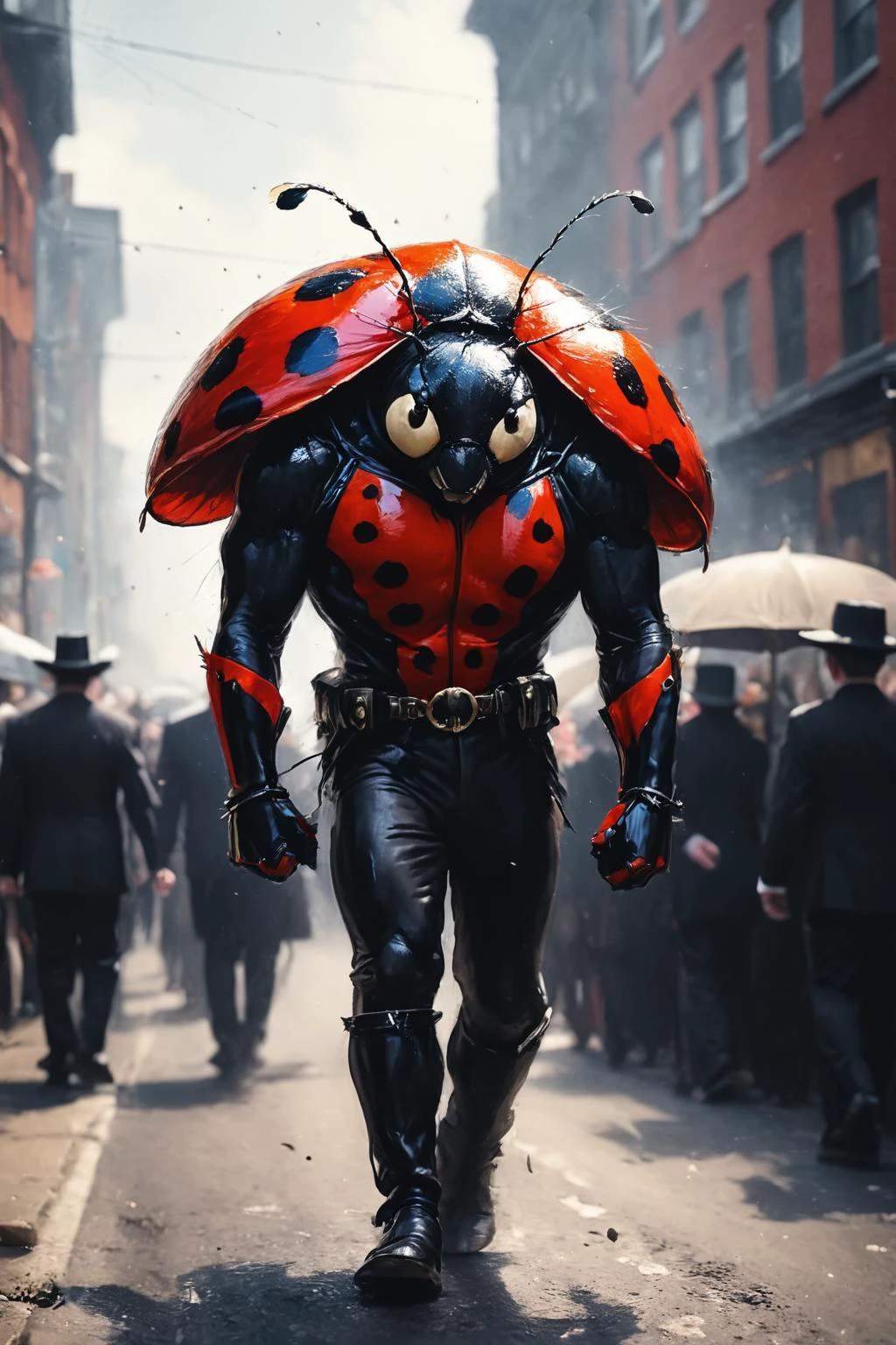 RAW photo of a anthro Ladybug at Horse-drawn funeral procession through streets, super detail, ultra-realism, <lora:xl_more_art-full_v1:0.3>, <lora:Desolation:0.7> <lora:anthro_muscular:1>