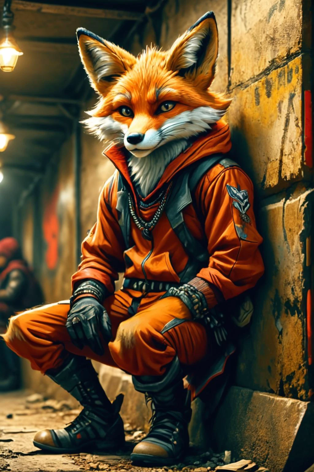 Detailed digital illustration of an anthro Fox (Leaning casually against wall) at a Underground resistance meeting in dimly lit room, <lora:xl_more_art-full_v1:0.5>, <lora:anthro_muscular:0.7>, <lora:MJ52:0.6>, <lora:madpunk:0.4> madpunk