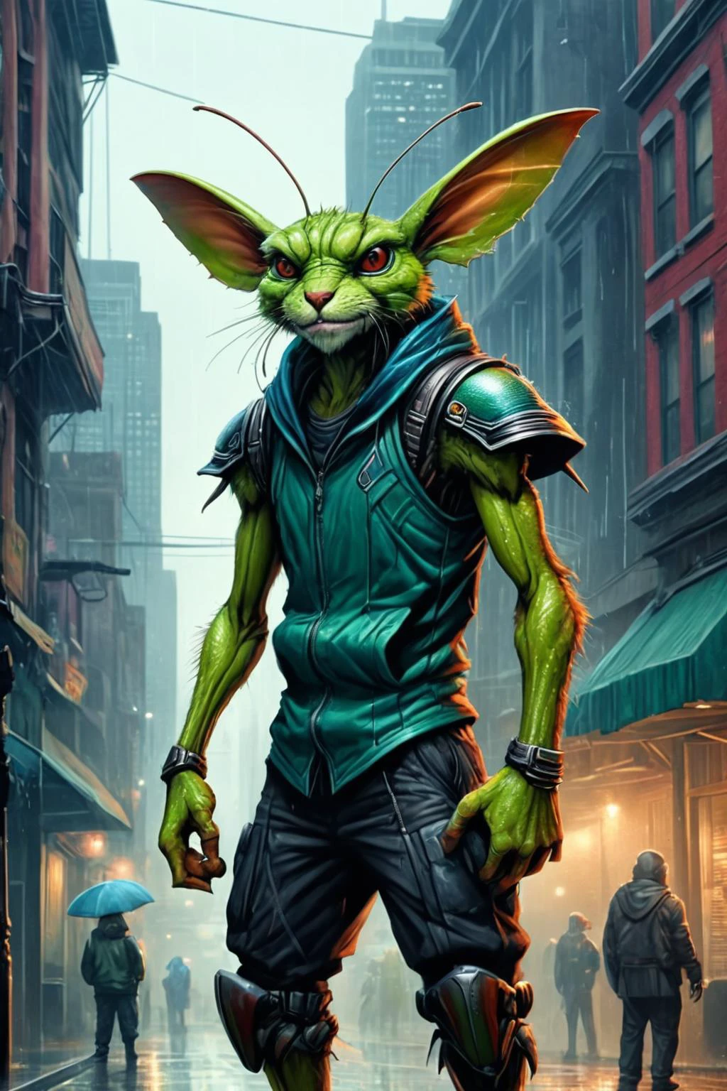 Detailed digital illustration of an anthro Cricket (Lifting chin, dignified poise) at a Dystopian city with perpetual acid rain, <lora:xl_more_art-full_v1:0.5>, <lora:anthro_muscular:0.7> , <lora:madpunk:0.4> madpunk