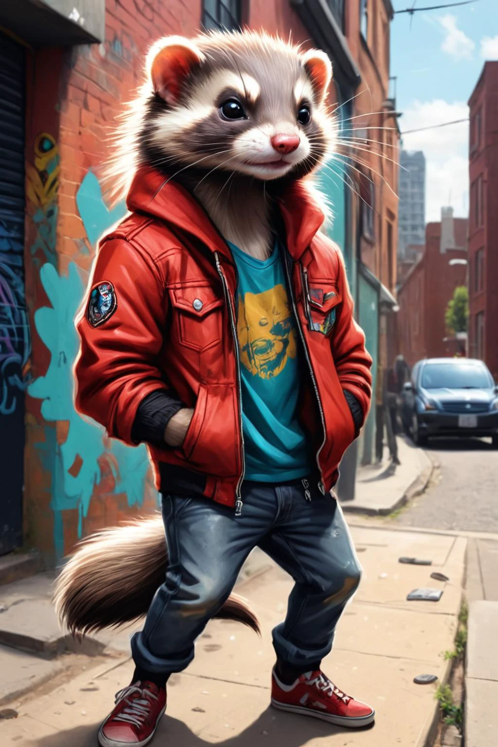 Detailed digital illustration of an anthro Ferret (Tossing hair back, carefree attitude) at a Augmented reality street art on urban walls, <lora:xl_more_art-full_v1:0.5>, <lora:anthro_muscular:0.7> , <lora:madpunk:0.4> madpunk
