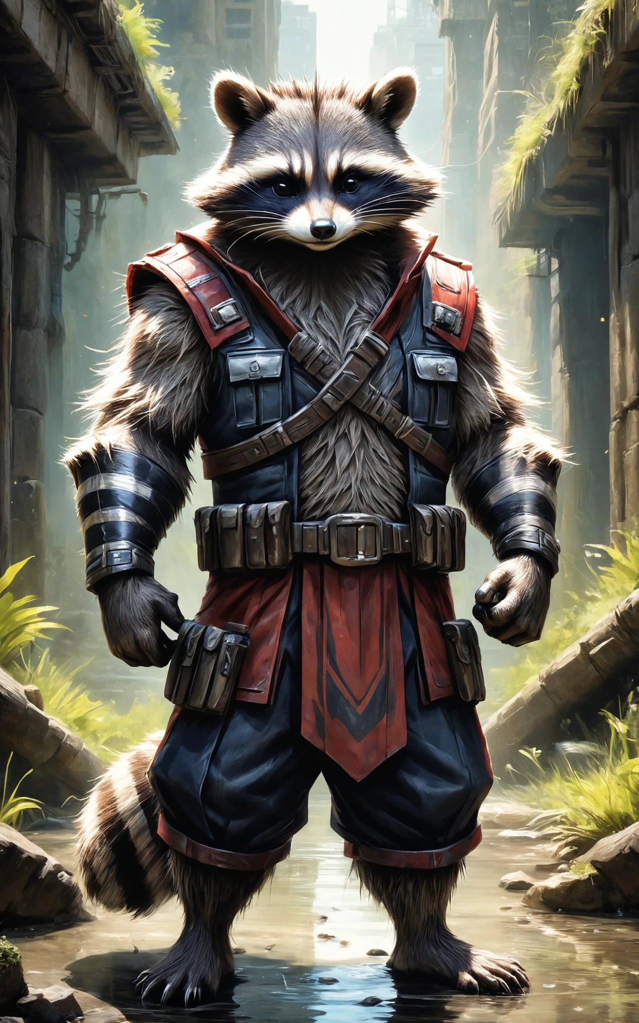 RAW photo of an anthro Raccoon (Standing confidently, hands relaxed) at aQuantum-locked civilization in timeless stasis, super detail, ultra-realism, <lora:xl_more_art-full_v1:0.3>, <lora:anthro_muscular:0.7>, <lora:gorgoeus_splash_of_vibrant_paint:0.7> Gorgeous splash of vibrant paint,