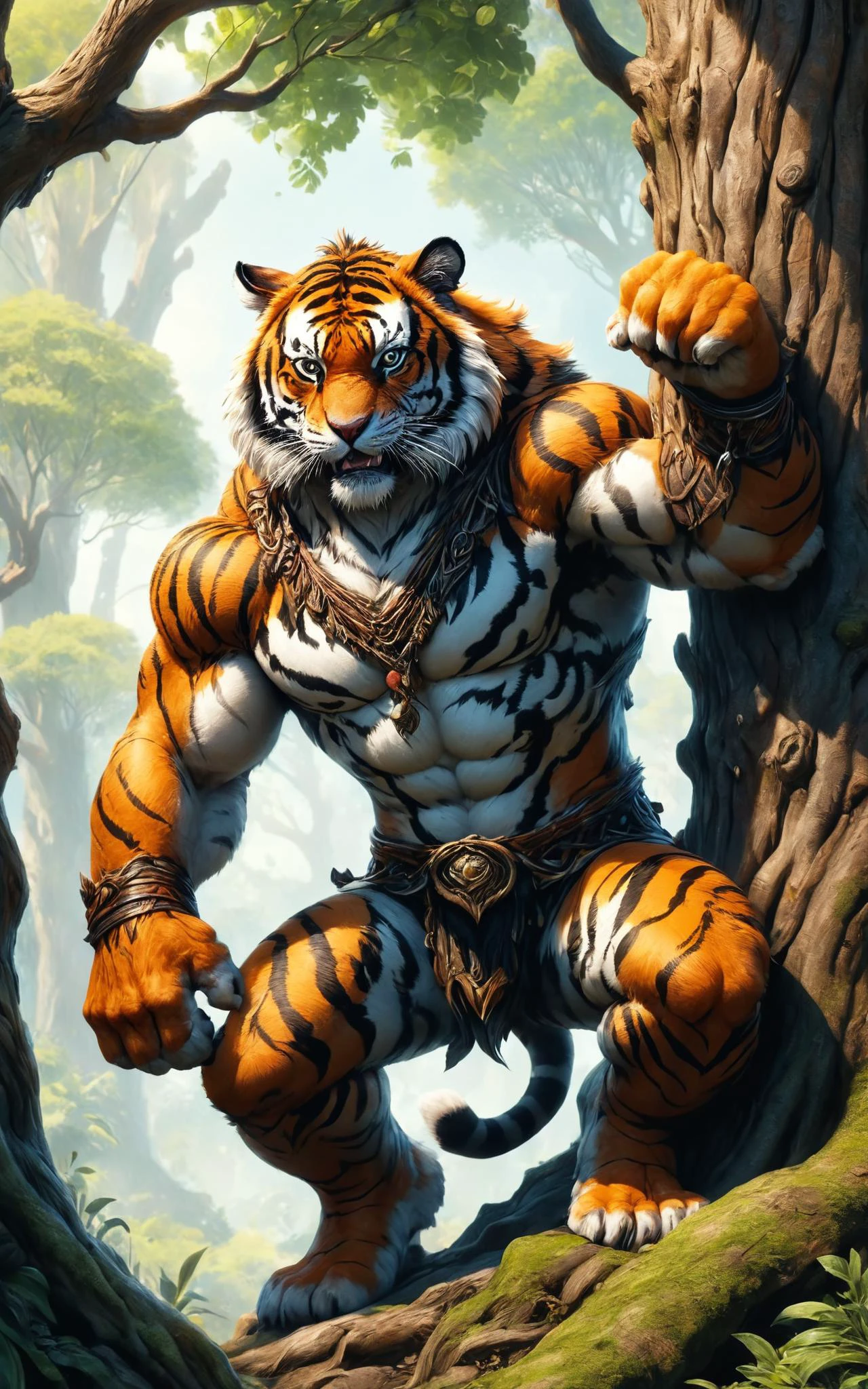RAW photo of an anthro Tiger (Climbing a tree, adventurous spirit) at aShimmering portal to feywild realm, super detail, ultra-realism, <lora:xl_more_art-full_v1:0.3>, <lora:anthro_muscular:0.7>, <lora:cyclops-sdxl:0.5> cyclops