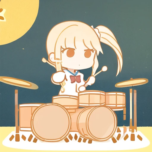 1girl, yellow hair, long hair, ponytail, school uniform, holding drumsticks, chibi, <lora:bocchi-ed style:1>