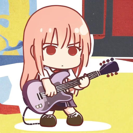 1girl, red hair, long hair, school uniform, holding guitar, chibi, <lora:bocchi-ed style:1>