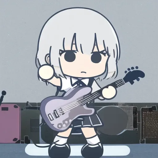 1girl, blue hair, short hair, school uniform, holding guitar, chibi, <lora:bocchi-ed style:1>