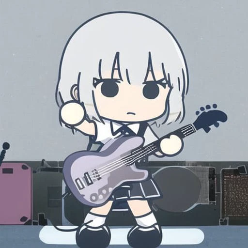 1girl, blue hair, short hair, school uniform, holding guitar, chibi, <lora:bocchi-ed style:1>