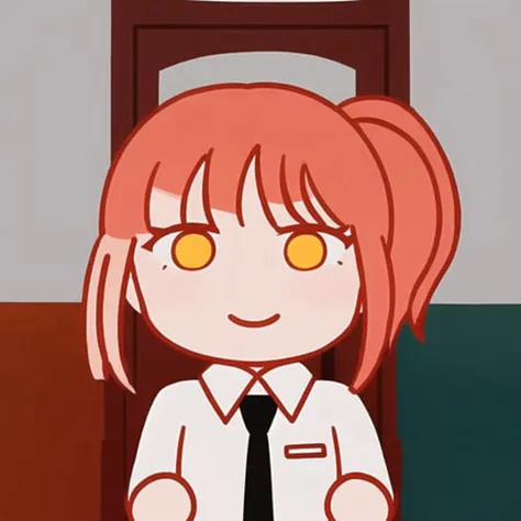 1girl, chibi, white shirt, office lady, makima, full body, ponytail, (red hair:1.3),