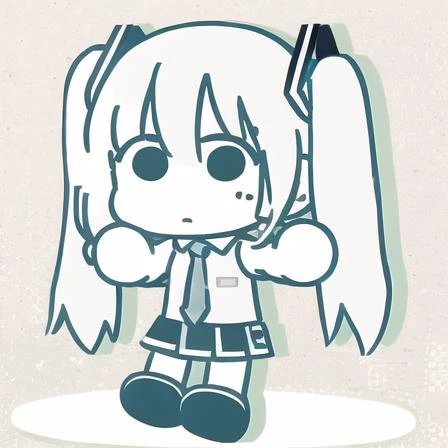 masterpiece, best quality, 1girl,  green hair, green eyes, hatsune miku, anime, chibi, <lora:bocchiEdStyleLora_bocchiEdStyle:1>, white background, simple background, monochrome,