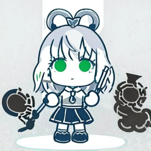 masterpiece, best quality, 1girl, grey hair, green eyes, luo tianyi, anime, chibi, <lora:bocchiEdStyleLora_bocchiEdStyle:1>, white background, simple background, monochrome,