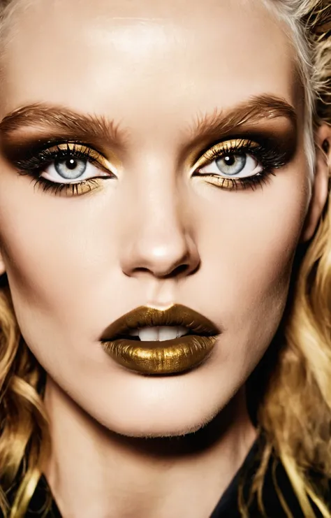 fashion photoshoot, shot by Ellen Von Unwerth, dark and colorful gildenface portrait photography of a stunning Icelander woman with a tired expression, fabulous makeup, close up photo, breathtaking, professional, haute couture, close-up on face, highly detailed skin, visible skin pores, two tone lighting <lora:GildenfaceXL_Headshot_LoRA_v1:0.7>, high quality, 4k, 8k, masterpiece, two tone cinematic lighting