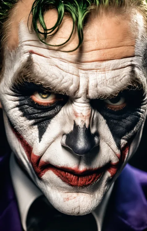 fashion photoshoot, shot by Ellen Von Unwerth, dark and gritty gildenface portrait photography of the joker, close up photo, professional, close-up on face, highly detailed skin, visible skin pores, two tone lighting <lora:GildenfaceXL_Headshot_LoRA_v1:0.7>, high quality, 4k, 8k, masterpiece, two tone cinematic lighting
