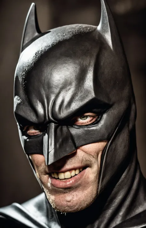 fashion photoshoot, shot by Ellen Von Unwerth, dark and gritty gildenface portrait photography of the Batman with a smug grin, close up photo, professional, close-up on face, highly detailed skin, visible skin pores, two tone lighting <lora:GildenfaceXL_Headshot_LoRA_v1:1>, high quality, 4k, 8k, masterpiece, two tone cinematic lighting