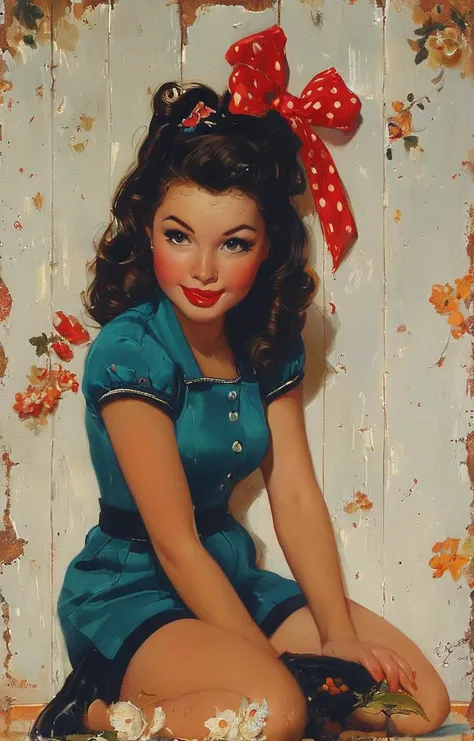 In this vibrant illustration inspired by vintage pinup art, Bulma from DBZ exudes retro charm. Sporting a red lipstick and a playful polka dot ensemble, she embraces the vintage fashion aesthetic. Her high-waisted shorts and cropped top perfectly accentuate her figure, while her wavy blue hair adds a touch of uniqueness. Set against the backdrop of a prop plane, this artwork pays homage to the classic pinup style of artists like Gil Elvgren or Alberto Vargas, capturing the essence of a bygone era, blending, smooth, serious, detailed expressions, artstyle, detailed eyes, HDR, UHD, 64k, RTX, sharp, sharp focus, highly detailed, intricate detail, professional, artistic flow, ultra detailed, high resolution photography