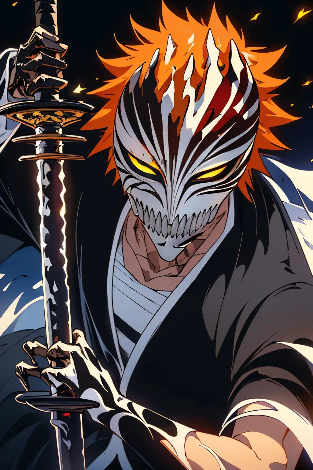 ((best quality)), ((masterpiece)), (intricate details, hyperdetailed:1.15), 35mm, bokeh, (perfect face, highest detailed face), (action shot, mid-angle shot), hollow mask ichigo, colored sclera, mask, black sclera, orange hair, looking at viewer, long spiked hair, <lora:Ichigo_hollow_mask:1>, (hollowfication, liquid mask:1.3), glowing eyes, spiky teeth, <lora:hollowfication:0.8> , looking at viewer, (hailoknight, Solo, 1girl, holding glowing katana infront of him, holding sword:1.4), <lora:hailoknightV2E12:1>, looking at viewer, 8k, shiny, glow, (bloom), male focus, cinematic shot, in a desert with white sand, black sky, full moon