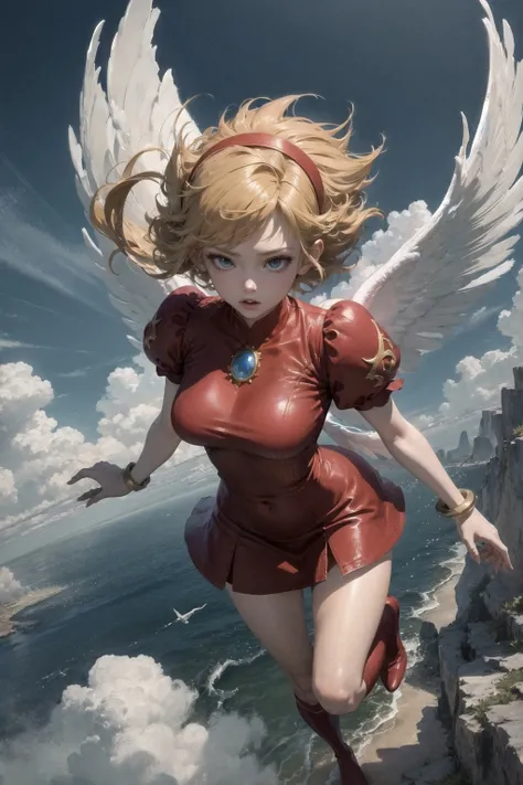 (masterpiece, best quality:1.3),bof3nina flying in the clouds, from above, windy messy hair, detailed face, ,detailed hairband, brooch, detailed wings, detailed red dress, puffy sleeves, bracelet,red boots,  <lora:bof3nina-nvwls-v1:0.75>, bend knees,