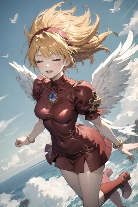 (masterpiece, best quality:1.3),bof3nina flying in the clouds, smiling, half closed eyes, parted lips, from above, windy messy hair, (detailed face:1.1), ,detailed hairband, brooch, detailed wings, windy detailed red dress, puffy sleeves, bracelet,red boots,  <lora:bof3nina-nvwls-v1:0.75>, bend knees, natural lighting, vivid colors, (feet off ground:1.1), (warm colors:1.2), jumping, colorful,