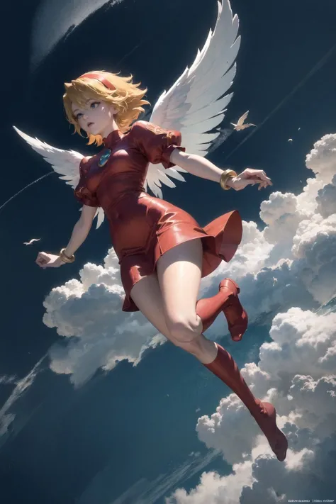 (masterpiece, best quality:1.3),bof3nina flying in the clouds, from above, windy messy hair, detailed face, ,detailed hairband, brooch, detailed wings, detailed red dress, puffy sleeves, bracelet,red boots,  <lora:bof3nina-nvwls-v1:0.75>, bend knees, dynamic lighting, vivid colors, (feet off ground:1.1), (warm colors:1.2), jumping, colorful