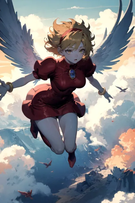 (masterpiece, best quality:1.3),bof3nina flying in the clouds, from above, windy messy hair, detailed face, ,detailed hairband, brooch, detailed wings, detailed red dress, puffy sleeves, bracelet,red boots, <lora:bof3nina-nvwls-v1:0.75>, bend knees, dynamic lighting, vivid colors, (feet off ground:1.1), (warm colors:1.2), jumping, colorful