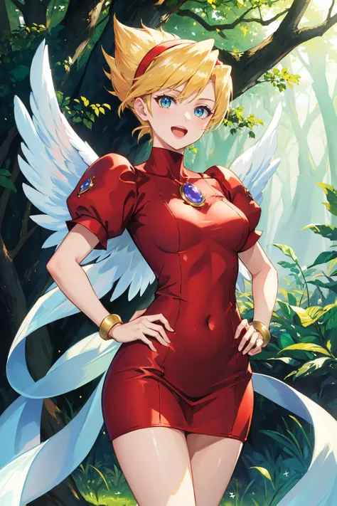 masterpiece, best quality, bof3nina, hairband, brooch, wings, red dress, puffy sleeves, bracelet, cowboy shot, looking at viewer, hands at hips, :D, forest <lora:bof3nina-nvwls-v1-000010:0.9>