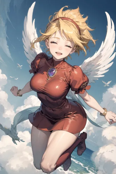 (masterpiece, best quality:1.3),bof3nina flying in the clouds, smiling, half closed eyes, parted lips, from above, windy messy hair, (detailed face:1.1), ,detailed hairband, brooch, detailed wings, detailed red dress, puffy sleeves, bracelet,red boots, <lora:bof3nina-nvwls-v1:0.75>, bend knees, natural lighting, vivid colors, (feet off ground:1.1), (warm colors:1.2), jumping, colorful
