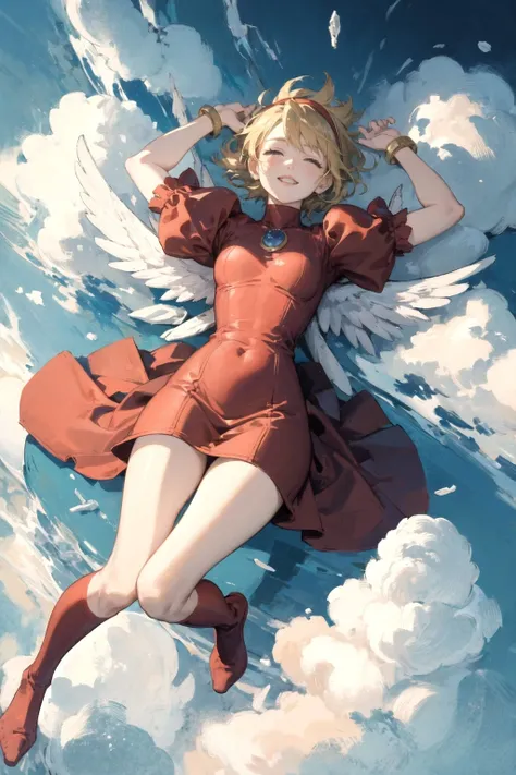 (masterpiece, best quality:1.3),bof3nina flying in the clouds, smiling, half closed eyes, parted lips, from above, windy messy hair, (detailed face:1.1), ,detailed hairband, brooch, detailed wings, windy detailed red dress, puffy sleeves, bracelet,red boots, <lora:bof3nina-nvwls-v1:0.75>, bend knees, natural lighting, vivid colors, (feet off ground:1.1), (warm colors:1.2), jumping, colorful, (lying on cloud:1.3)