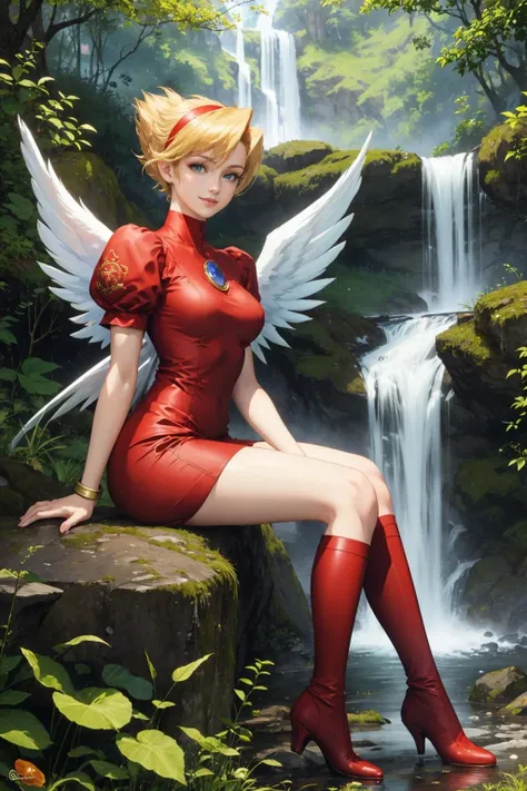 masterpiece, best quality, bof3nina, hairband, brooch, wings, red dress, puffy sleeves, bracelet, red boots, looking at viewer, sitting, from side, waterfall, forest, smile <lora:bof3nina-nvwls-v1-000010:0.9>