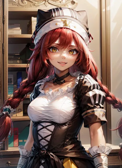masterpiece,best quality,high resolution,8k,1woman,(realistic:1.5),tan skin,(fighter:),(dark red long twin braids hair between eyes:),blonde cat eyes,seductive smile,large breasts,medium ass,small nipples,(red wolf ears:),red wolf tails,Lupsregina,black dress, bow, ribbon, Holding, Cleavage, hair ribbon, White shirt,, , Short sleeve, Small breasts, , Frills, Removable sleeves, null, Alternative costume, choker, Day, Puffy sleeves, Shiny, , black skirt, Medium Hair, bag, Manicure, Holding , Blurred, apron,  , puffy Short sleeve, Black jacket, nail, V-shaped eyebrows, Sleeves are longer than the wrist, Wrist cuff, Maid, Maid headドレス, black shirt, , Single braid, Black Hat, black ribbon, black bow, neck ribbon, floating hair, Blurred background, , Frills袖, Between the breasts, Portraiture, Armband, white apron, Bridal Gauntlet, hair over your shoulder, close, put your hand on your face, White sleeves, Braided ponytail, Eyebrows hidden by hair, Crossed bangs, off-shoulder shirt, Black sleeves, Underbust,, frilled shirt, Layered sleeves, over your shoulder, strap, , Arm Garters, short over long sleeve,(OVERLOAD Official Style:1.3), , Asymmetric sleeves, strap Between the breasts,, Sleeves are uneven