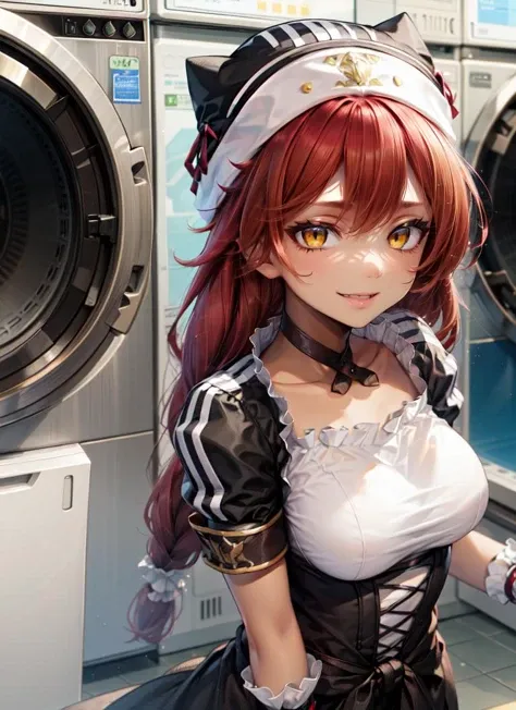 ((best quality)), ((highly detailed)), masterpiece, absurdres, extremely detailed face, beautiful face, (detailed eyes, deep eyes), (1girl), multiple views, upper body, <lora:hairdetailer:.8>, <lora:LuspusReginaCivit:1>, lupusregina, red hair, long hair, twin braids, yellow eyes, (dark skin, dark-skinned female), smiling, choker, hat, dress, maid, white thighhighs, (inside, in a laundromat)