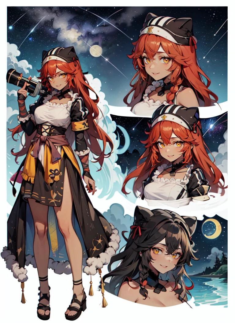 ((best quality)), ((highly detailed)), absurdres, (detailed eyes, deep eyes), (1girl), <lora:CharacterDesign_Concept:.7>, (CharacterSheet:1), (multiple views, full body, upper body, reference sheet:1), dynamic pose, full body, ((wide shot)), <lora:LuspusReginaCivit:.8>, lupusregina, red hair, long hair, twin braids, yellow eyes, (dark skin, dark-skinned female), smiling, choker, (geta), (outside, at a waterfall, night, night sky, stars, blue moon, shooting star, telescope, storm)