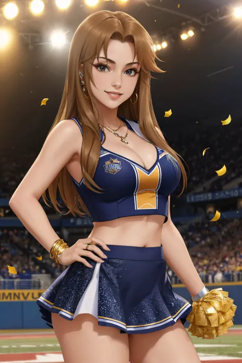 (masterpiece, best quality:1.2), <lyco:idolmaster_cg_matsumoto-10:1.0>, cowboy shot, solo, 1girl, matsumoto sarina, smile, looking at viewer, cheerleader, crop top, skirt, jewelry, necklace, cleavage, stadium, confetti