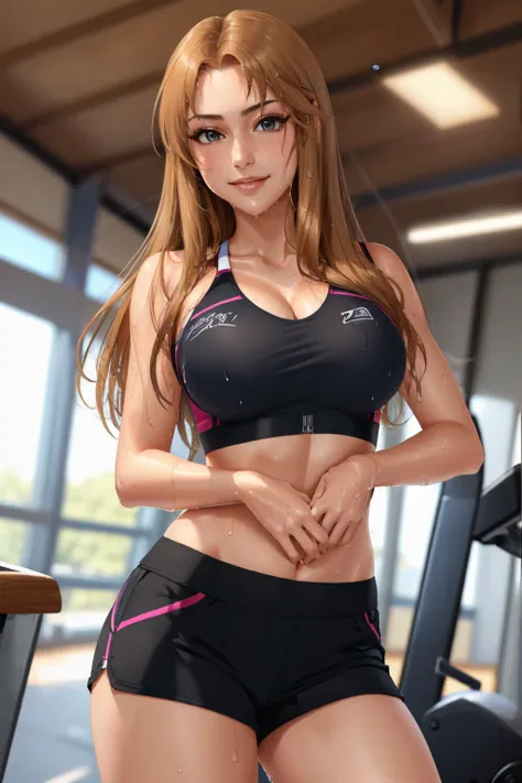 (masterpiece, best quality:1.2), <lyco:idolmaster_cg_matsumoto-10:1.0>, cowboy shot, solo, 1girl, matsumoto sarina, (sweat, wet skin:1.3), smile, looking at viewer, hand on own chest, sports bra, black shorts, short shorts, cleavage, gymnasium