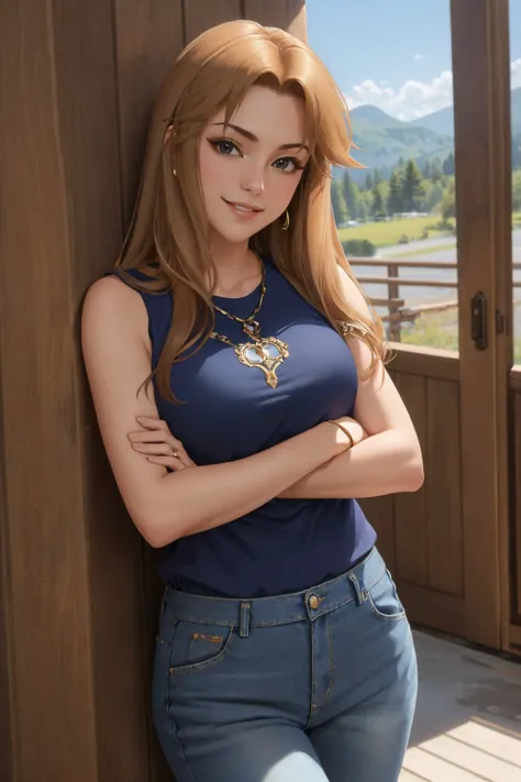 (masterpiece, best quality:1.2), <lyco:idolmaster_cg_matsumoto-10:1.0>, cowboy shot, solo, 1girl, matsumoto sarina, smile, looking at viewer, crossed arms, sleeveless shirt, jeans, jewelry, necklace